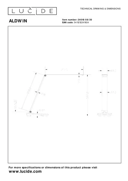 Lucide ALDWIN - Bureaulamp - LED Dimb. - CCT - 1x8W 2800K/6500K - Zwart - technisch